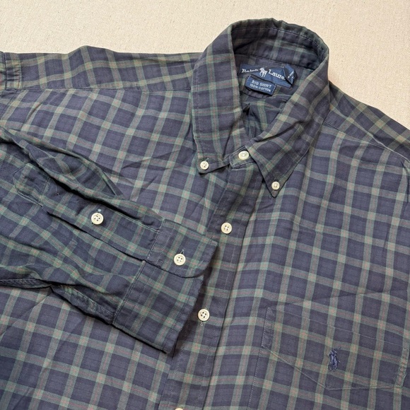 Ralph Lauren Shirt Mens LT Green Blue Plaid Button Down Collar The Big Shirt - Picture 1 of 6